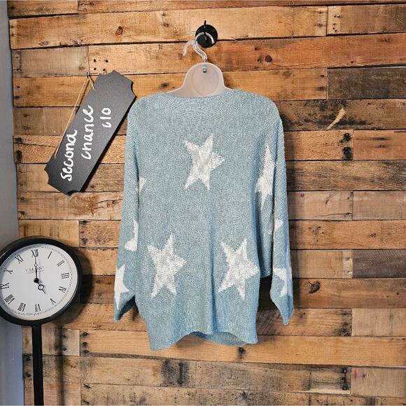 Wishlist women's spa aqua green star pattern lightweight knitted Sweater Sz S/M - Picture 10 of 15